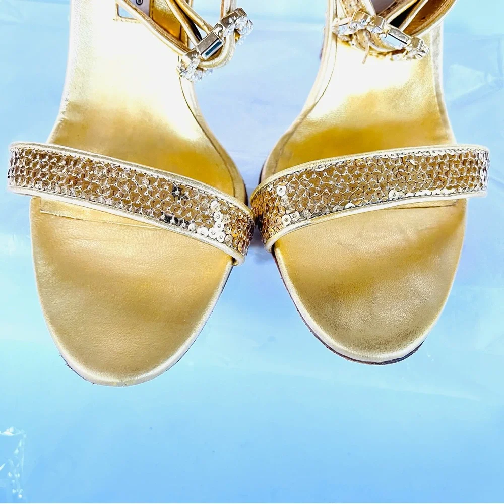 Manolo Blahnik gold sequin heels with crystal buckle 38